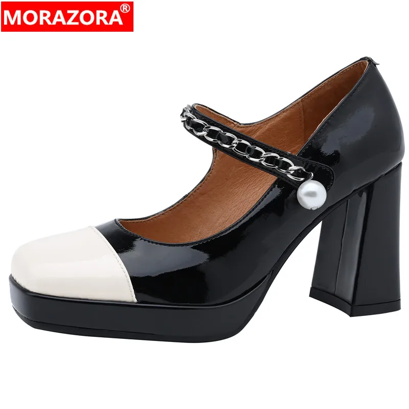 

MORAZORA 2023 New Size 33-40 Patent Leather Women Pumps Thick High Heels Single Shoes Mary Janes Mixed Colors Ladies Dress Shoes
