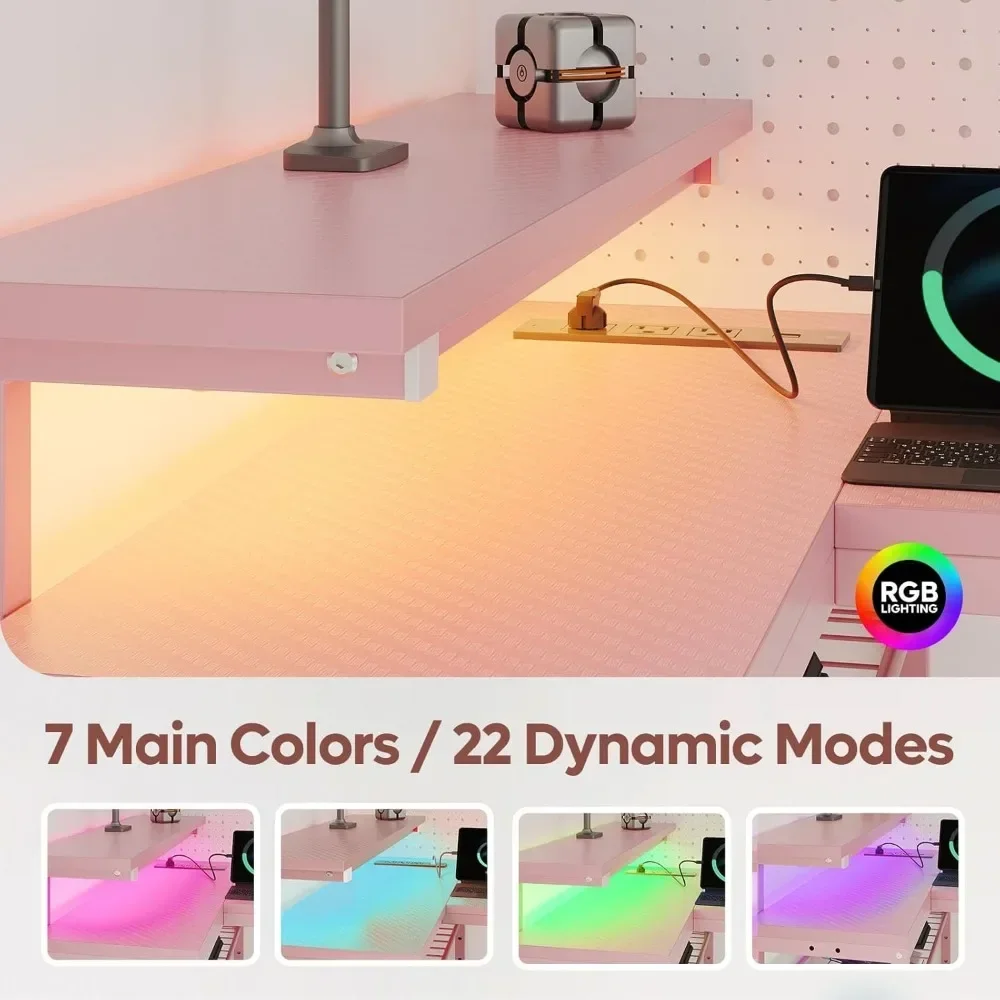52" Gaming Desk with Integrated Power Outlet & USB Ports, L-Shaped Computer Desk with LED Strip & Headphone Hooks 4