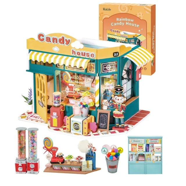 Robotime Rolife DIY Diorama Mini Dollhouse Rainbow Candy House Kids Miniature Doll House Wooden Kit Toy DG158