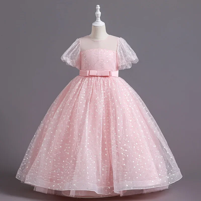 

Платье для девочек, юбка принцессы, длина талии, Блестящие рукава-пузыри, длинное свадебное платье, пышное Сетчатое платье принцессы