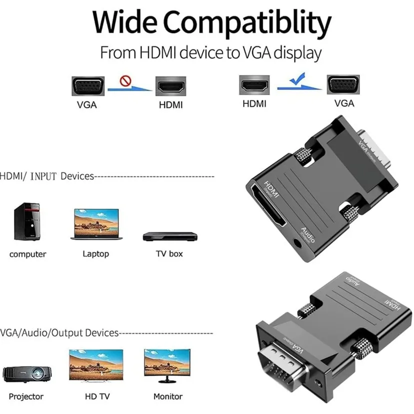 HDMI-compatible Female To VGA Male Converter with 3.5mm Audio Cable for PS4 Monitor Projector PC Laptop 1080P HD To VGA Adapt