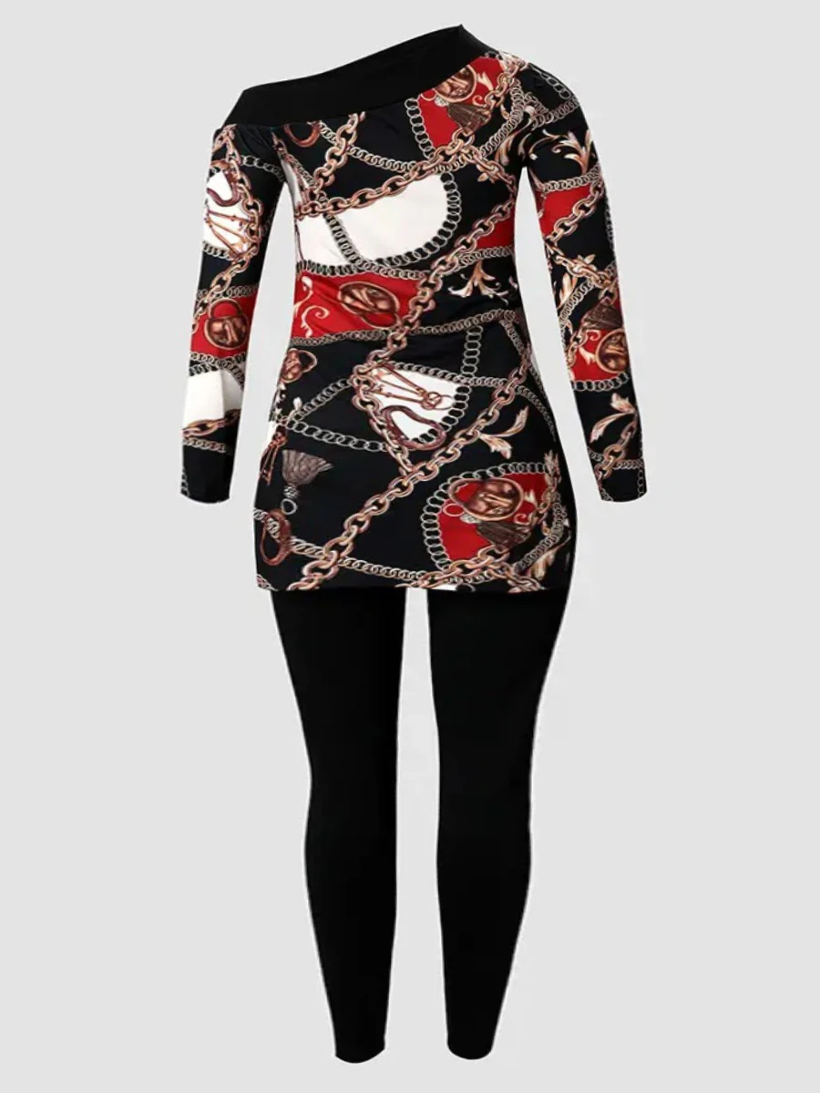 Conjunto de pantalón informal con estampado de cadena y abertura lateral para mujer, talla grande, 2025, cuello barco, manga larga, dos piezas, traje a juego