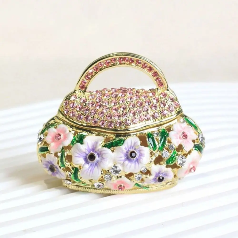 

Vintage Jewelry Box Durable Luxury Shiny Rhinestone Flower Basket Bag Dustproof Antique Treasure Chest Home Accessories