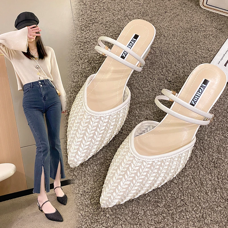 Strin Bead Pantofole Casual Tacco quadrato Scarpe Donna Tacchi a punta Diapositive Med Pantofle Block Hih Cover 2024 PU_voghion.com