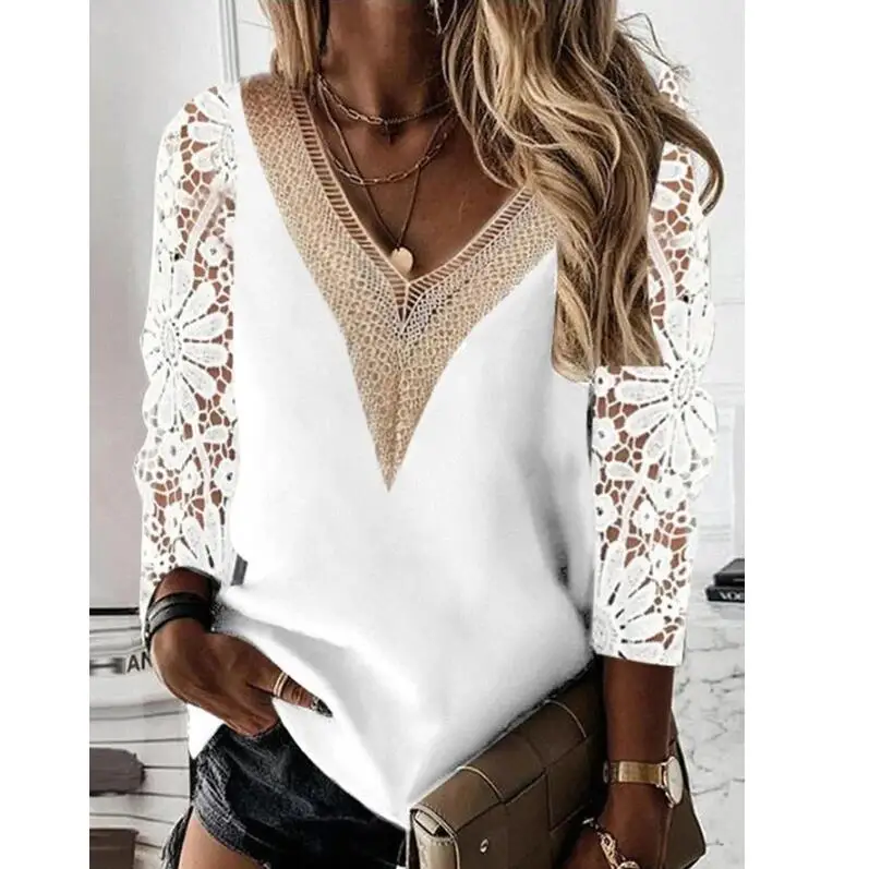 

Women's Blouse Fall Elegant Lace Stitching V-neck Long Sleeve Top Spring Hollow Out Vintage White Shirt Casual Loose Shirt Women