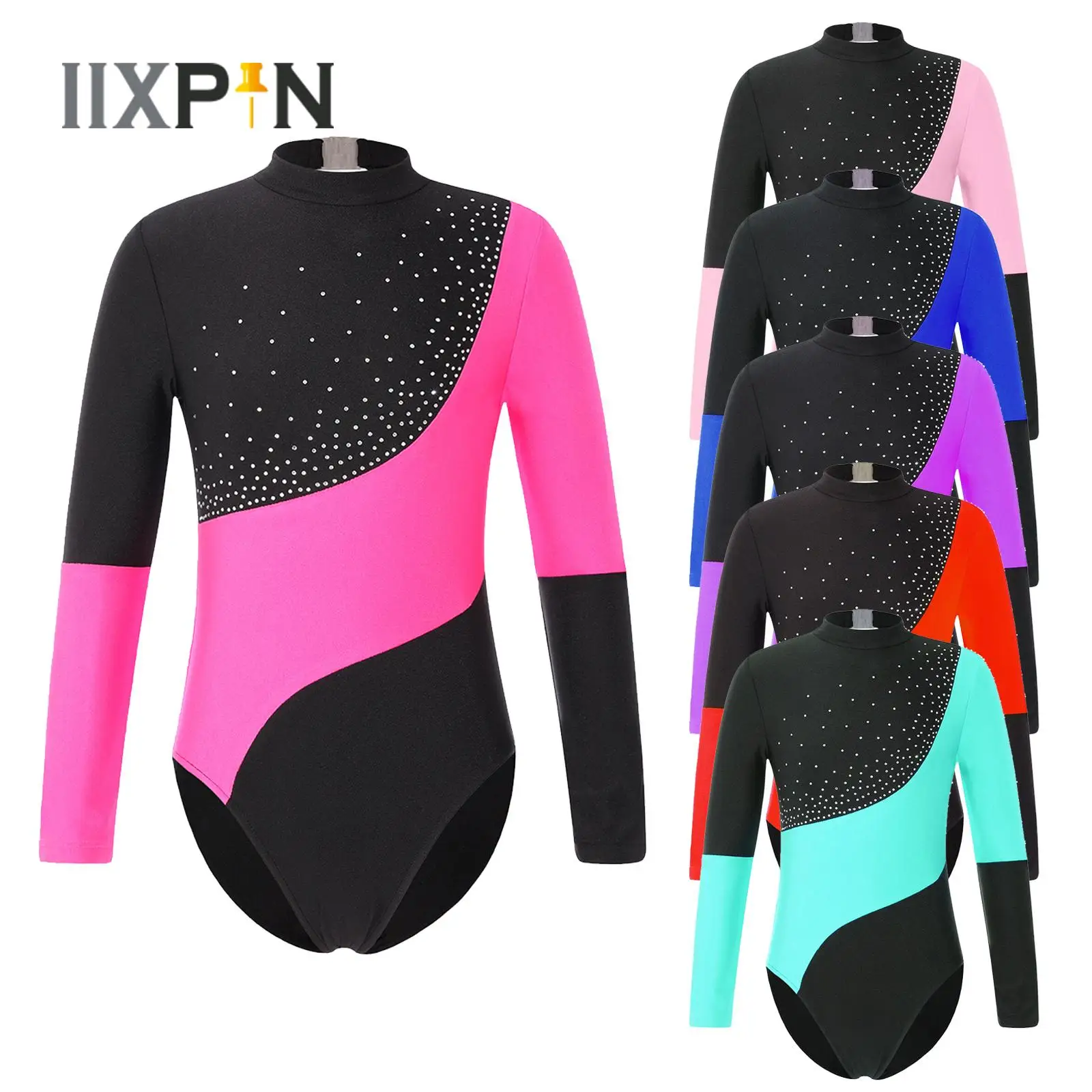 

IIXPIN Ballet Leotards for Kids Girls Shiny Rhinestone Long Sleeve Contrast Color Hollow Back Bodysuit Gymnastics Dance Leotard