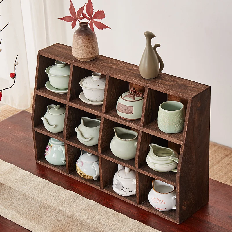 無垢材ティーカップ収納棚 ティーセットボックスオーガナイザー 中華風