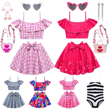 마고 로비 바비 켄 격자 무늬 프린트 여아 수영복, 비키니 원피스, 어린이 수영복, 여름 무료 배송