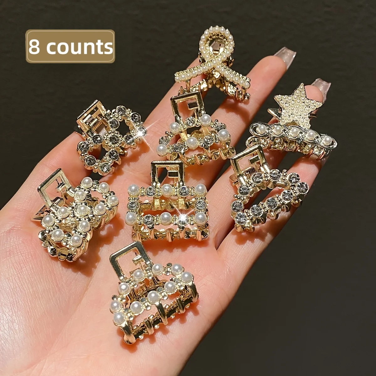 Conjunto de 8 molas de cabelo femininas com pérolas e diamantes_voghion.com