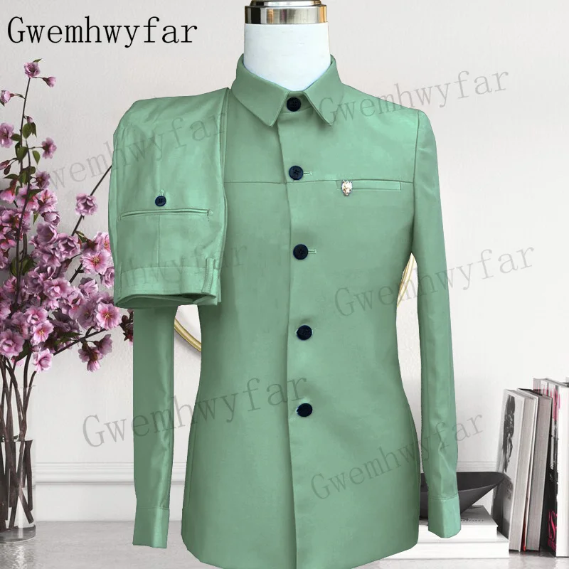 Men Gwenhwyfar Champange Spring Summer Fashion Casual Standing Collar Suit Jacket Pants Wedding Party