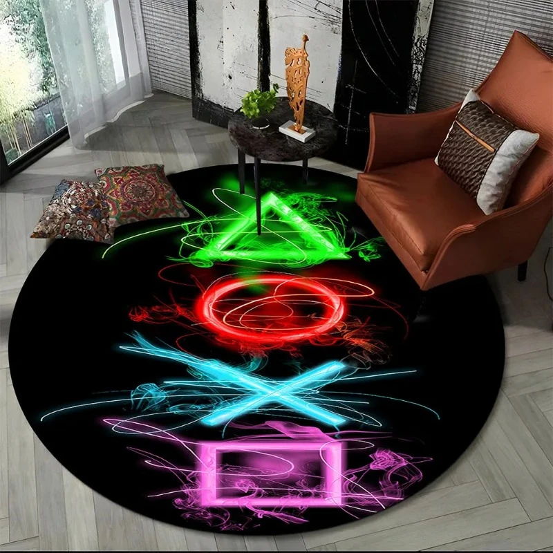 Game Controller Round Area Rug Cartoon Gamer Circle Carpet Rug Living Room Children's Bedroom Sofa Decor Non-slip Floor Mat