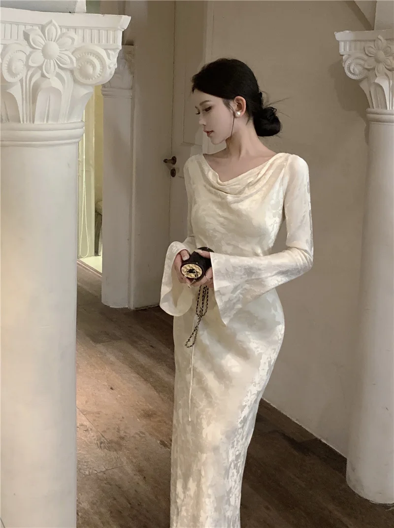 Autumn Bodycon Wedding Evening Dresses for Women Flare Sleeve Swinging Collar French Vintage Prom Robe Midi Vestidos Mujer New