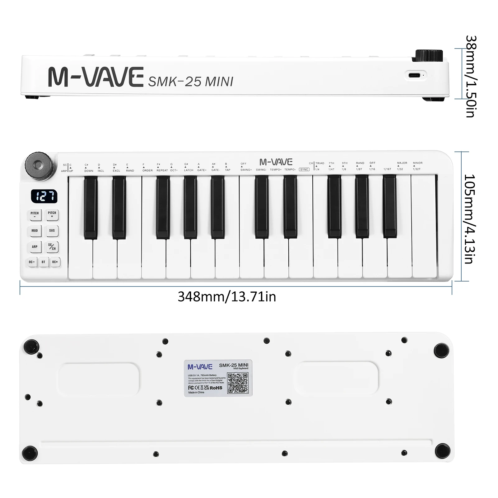 M-VAVE SMK-25mini MIDI Keyboard Rechargeable 25-Key MIDI Control Keyboard Mini Portable USB Controller