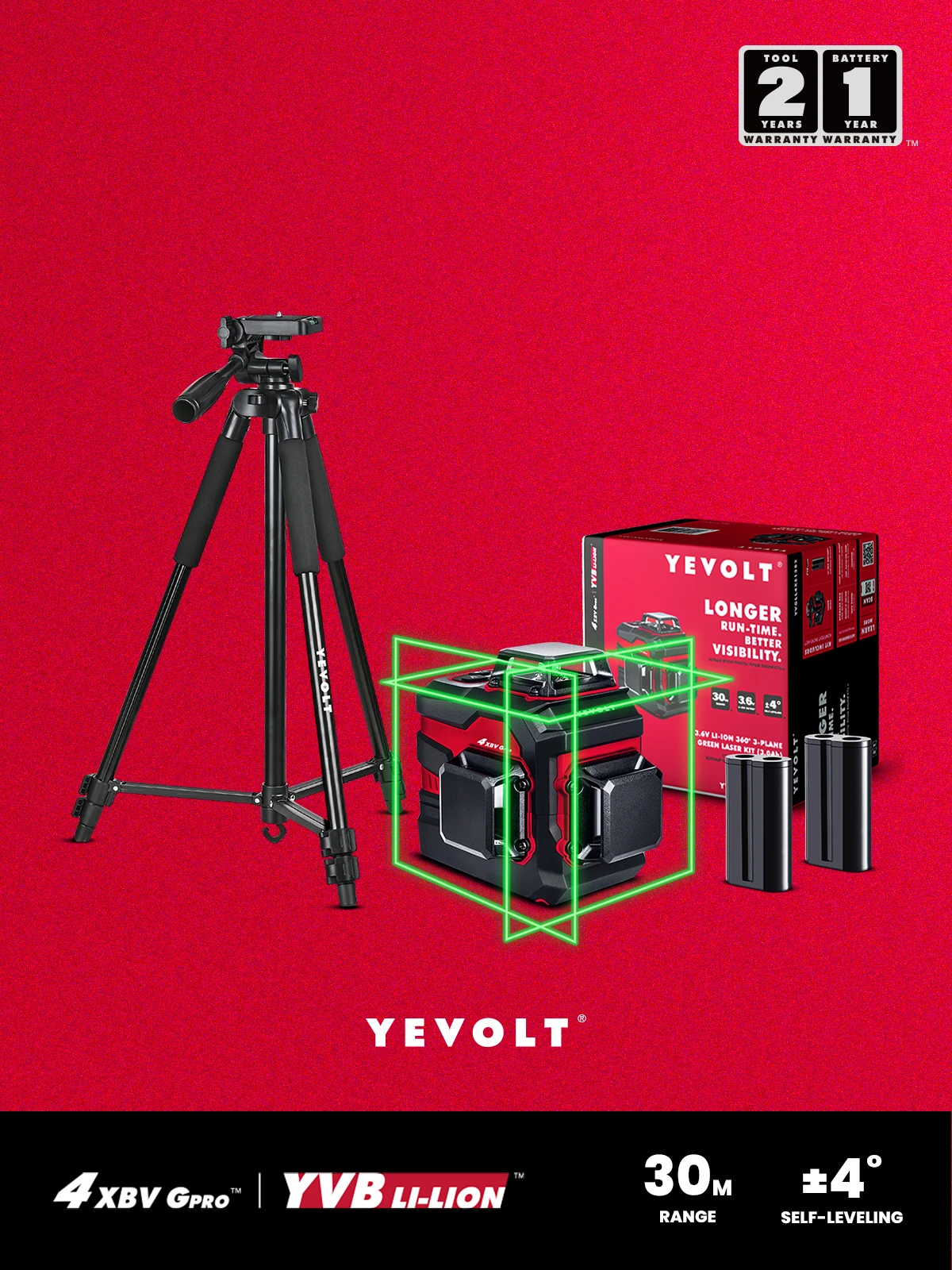 

YEVOLT TP-YVGLL4XS12DP 3-Plane Laser Level Green Beam 3D 12-Line Self-Leveling with Tripod 3.6V Li-ion Battery x 2 All Day Work