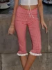 Women s Plaid Capri Pants with Lace Ruffles and Stretchy Cropped Leggings for Summer Casual Wear 1