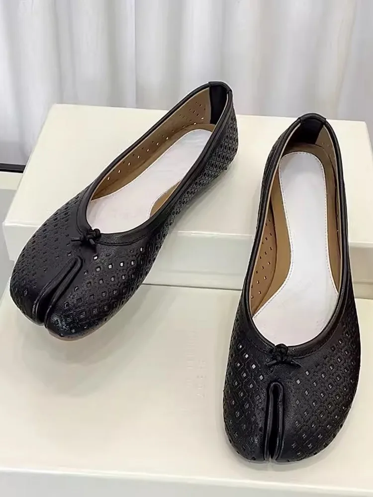 Summer Women Breathable Hollow Out Sheepskin Genuine Leather Flats Shoes Slip On Loafers Bowknot Slip Toe Moccasin Gommino Shoes 3