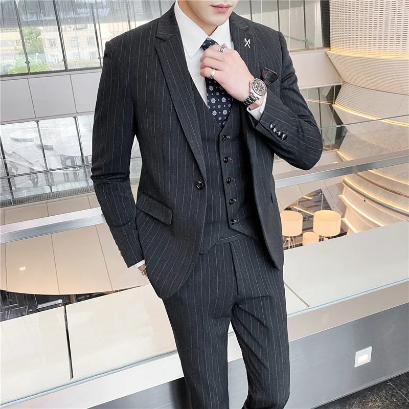 

High-end Social Formal Suit 3 Pcs Set ( Jacket + Vest Pants ) Boutique Fashion Mens Plaid Casual Business Groom Wedding