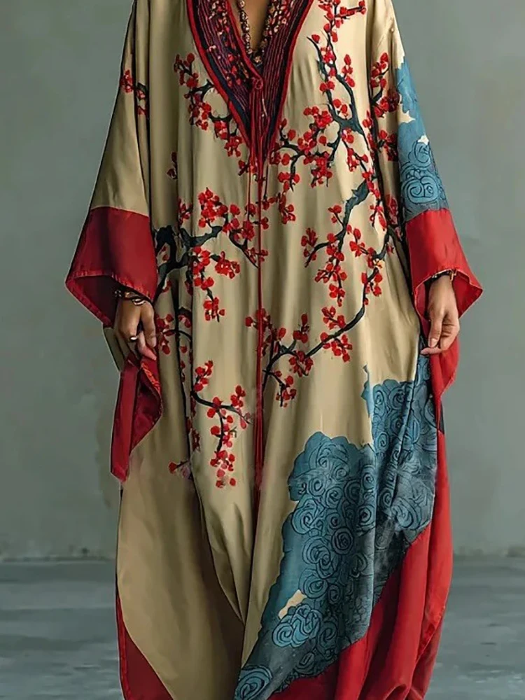 Women Spring Autumn V Neck Chic Maxi Dress, Holiday Fashion Elegant Long Sleeve Party Dress, 2026 Printed Patchwork Ladies Dress