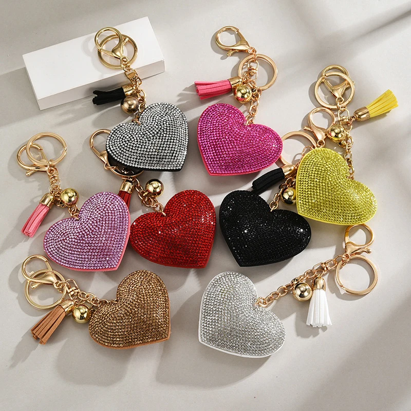 

1PC Charms Backpack Accessories Luxury Bling Rhinestone Heart Shape Keychains Women Girls Leather Keyring With Tassel For Purse