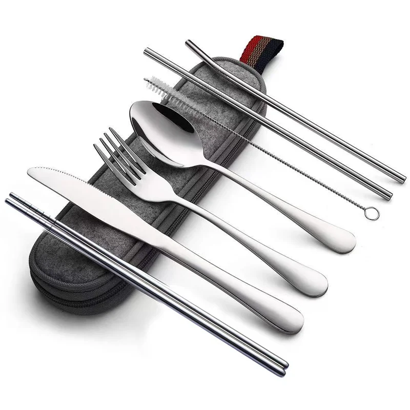 Portable Travel Reusable Utensils Silverware with Case Travel Camping  Cutlery set Chopsticks and Straw Flatware Stainless steel Travel Utensil  set (Black) U