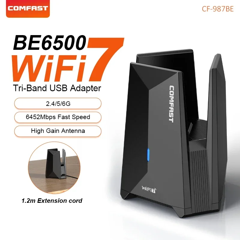 COMFAST USB WiFi 7 와이파이 어댑터 6452Mbps 네트워크 카드 USB3.0 트라이밴드 와이파이 동글 2.4G/5.8G/6G 드라이버 불필요 PC용 Win10/11