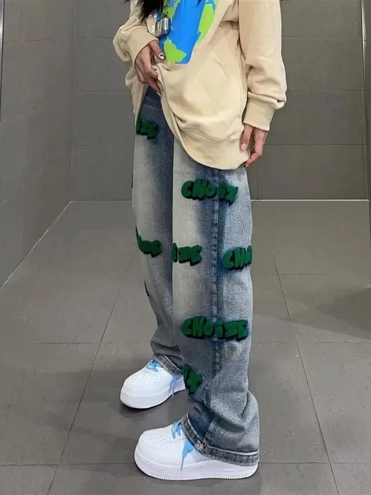Feynzz High Street Style Hiphop Flocking Jeans Autumn Wide-leg Pants For Men And Women High Waist Embroidery  Jeans Fashion