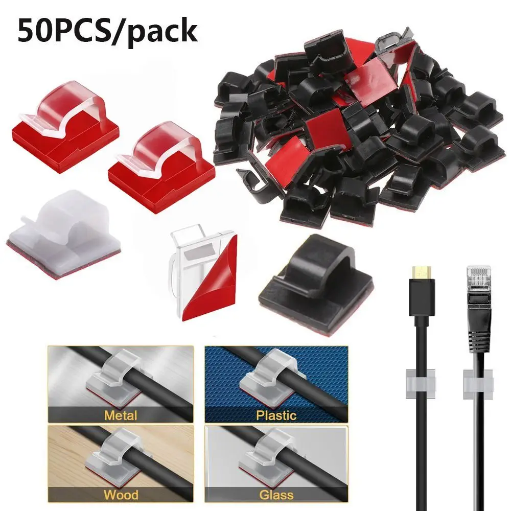 50-Pack Self-Adhesive Cable Clips - Black Cord Organizer and Holder