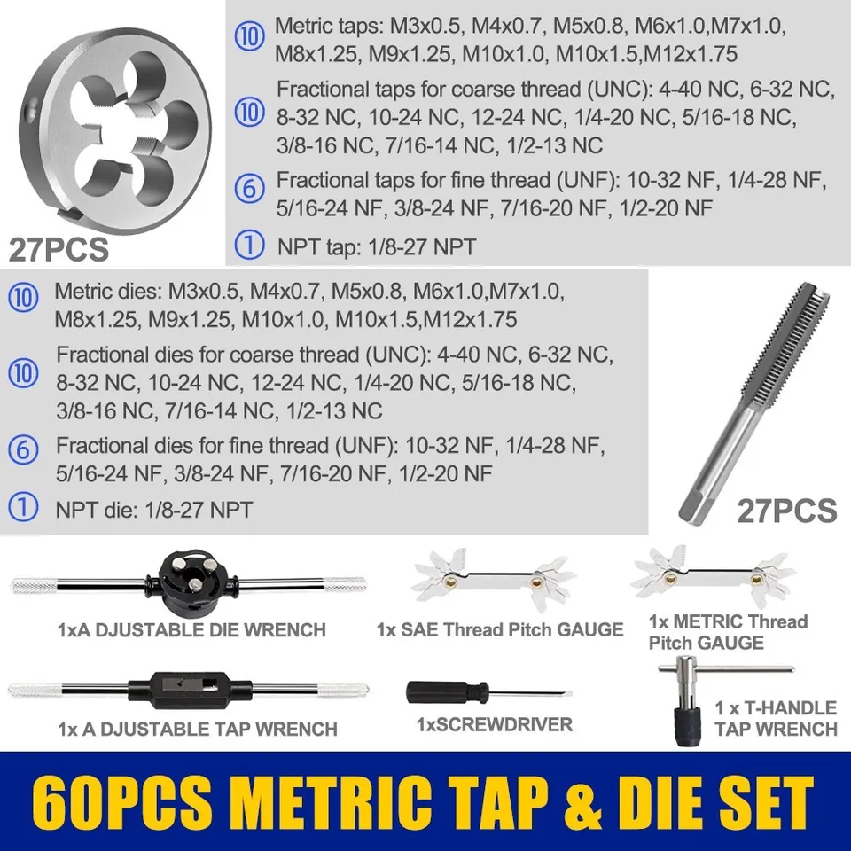 60-Pc Master Tap And Die Set - Metric And SAE Sizes, Coarse And Fine Threads