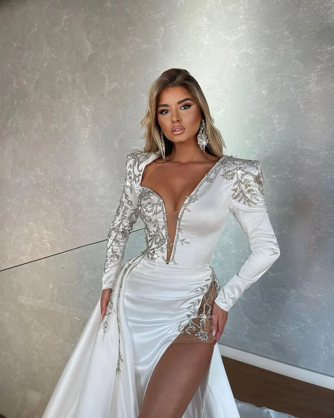 rose gold prom dress Elegant White High Split Mermaid Prom Dresses With Detachable Train Full Sleeves Beaded Long Prom Gowns Bridal Party Dress mini prom & dance dresses Prom Dresses