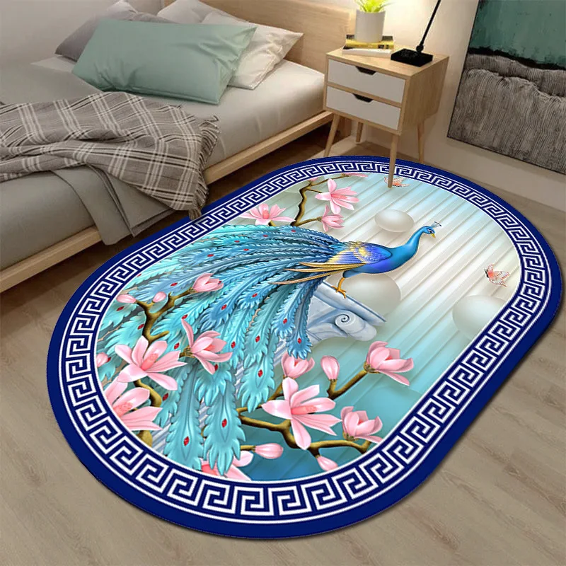 

Oval Carpet Peacock With Floral Living Room Carpets Bedside Sofa Area Rug Washable Bathroom Non-slip Rugs Home Decor Floor Mats