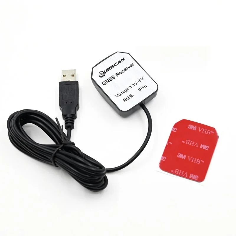 Récepteur GNSS USB BD1032 connecté à une tablette Android via un adaptateur OTG, affichant une carte de navigation