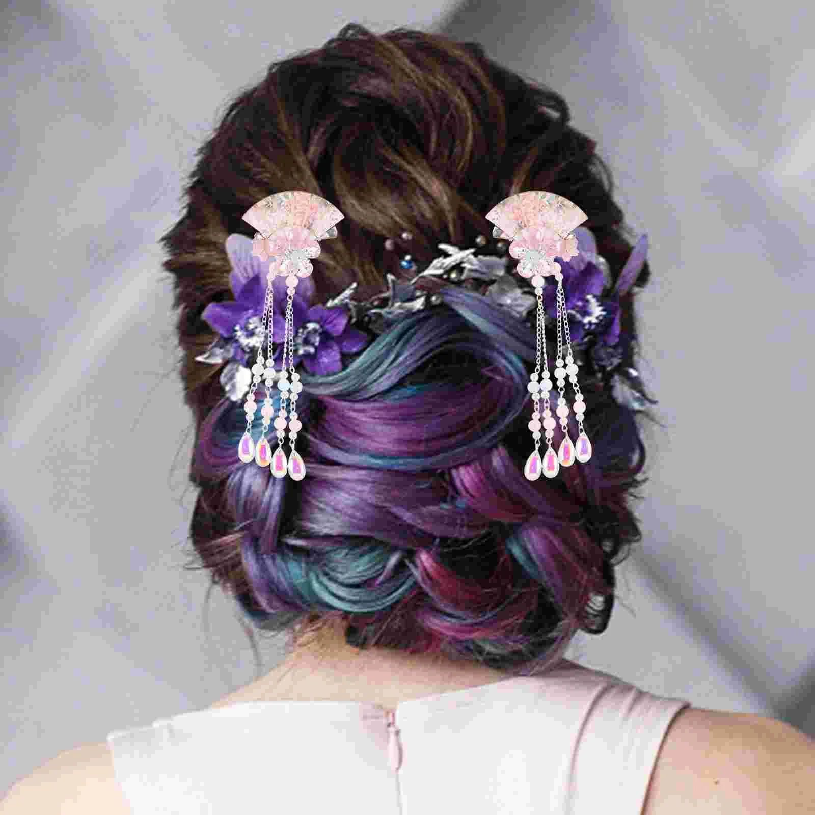 2 Pcs Japanese Style Hairpin Fan Tassel Accessories Claw Clips Hanfu Flower Decoration Crystal Iron Miss for Girls