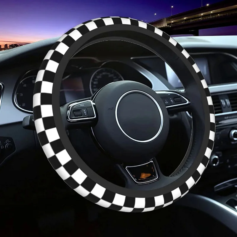 

Black White Checkered Steering Wheel Covers 15 Inch for Women Car Universal Anti Slip Neoprene Stretchy SUV Truck Accessories