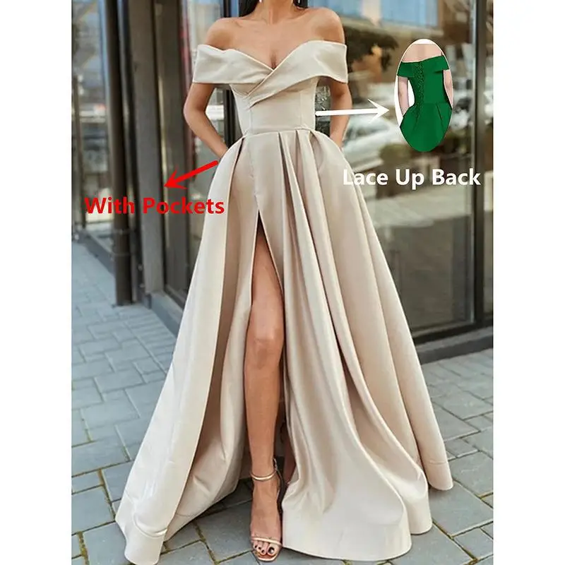 A Line Satin Spaghetti Pleat V Neck Evening Bridesmaid Dresses Wedding Party Formal Prom Birthday Floor Length Lace Up Back