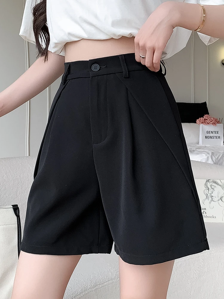 QOERLIN S-XXL Chic Design Khaki Black Shorts High Waist Elastic Waist Shorts Fashion Pocket Wide Leg Shorts Elegant Office Lady
