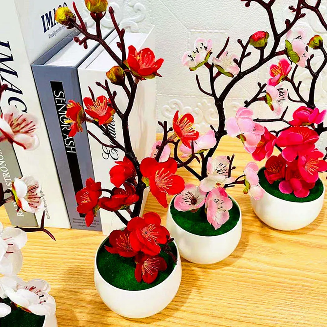 

1pcs Bonsai Silk Flowers Plum Artificial Potted Plants Blossoms Simulation Winter Branch Vases Wedding Home Room Decoration
