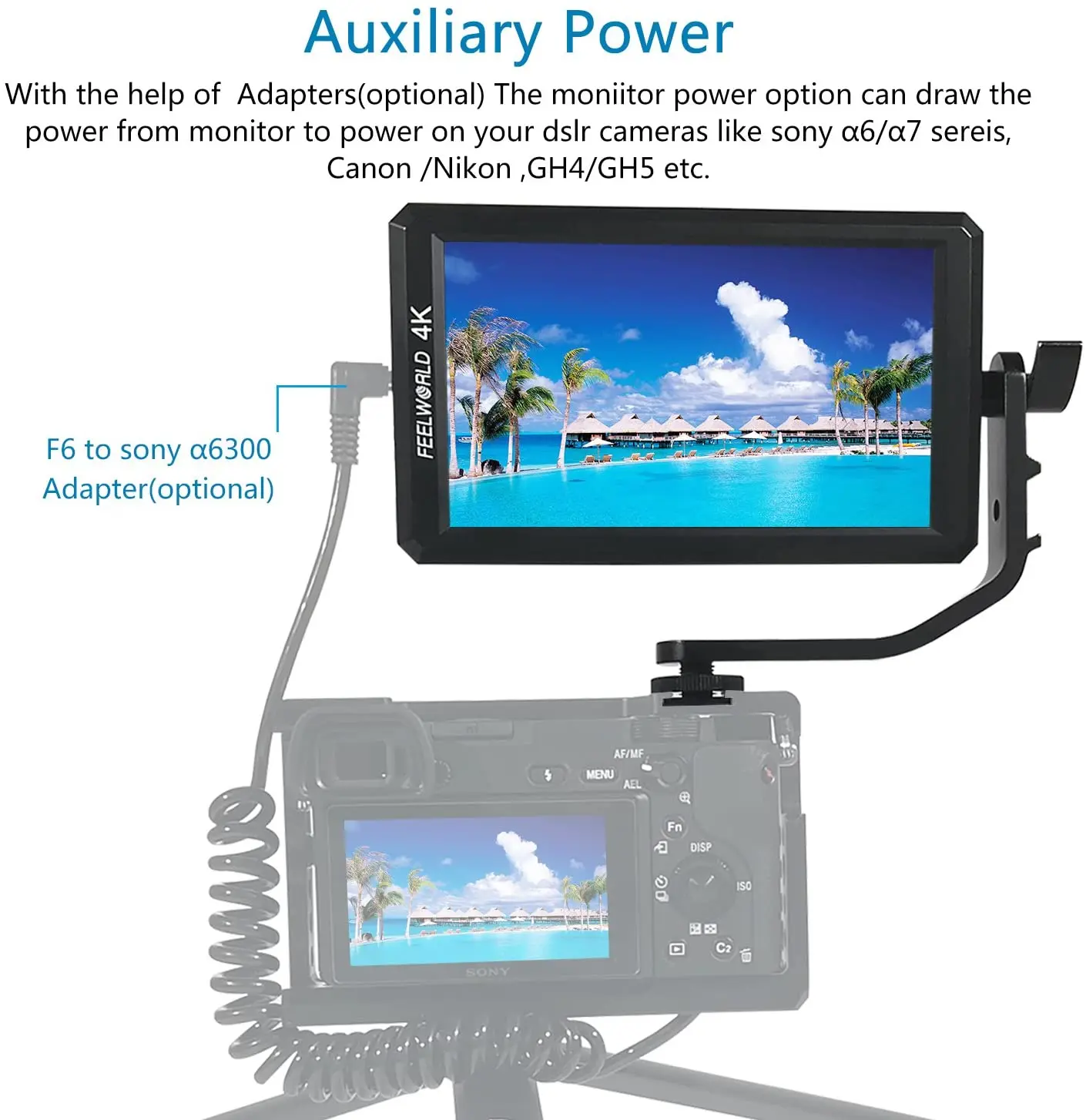 FEELWORLD F6 5.7 Inch FHD IPS On Camera 4K HDMI Monitor with Swivel Arm and 8V DC Power Output with Battery and Carry Bag