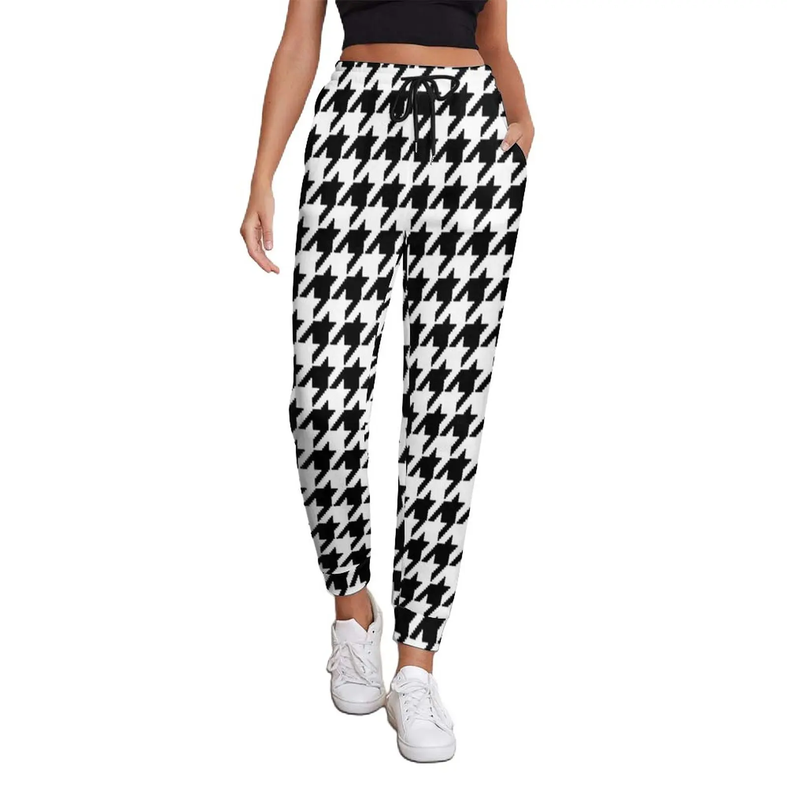 

Houndstooth Pixel Jogger Pants Ladies Black And White Classic Aesthetic Sweatpants Spring Retro Printed Trousers Big Size 2XL