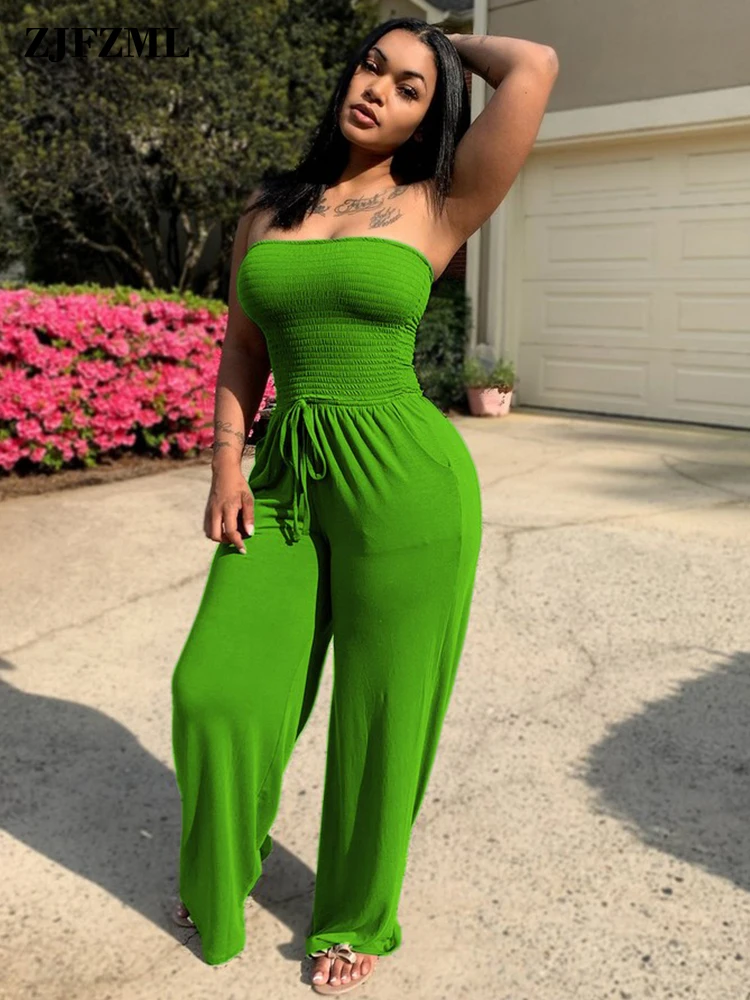 

Unique and Elegant Women Jumpsuit Strapless Off The Shoulder Wide Leg Overall Summer Solid Ruched Drawstring Waist Romper Outfit