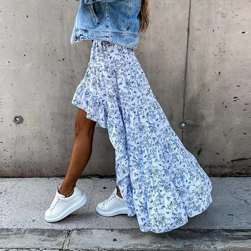 2022 Spring Summer Floral Print Long Skirts Lady Elegant Boho Beach Party Skirts Fashion Women Ruffle Irregular Skirt Streetwear new fashion women lady vintage boho metal leather double buckle waist belt waistband women s real leather cowhide belts 1 8cm