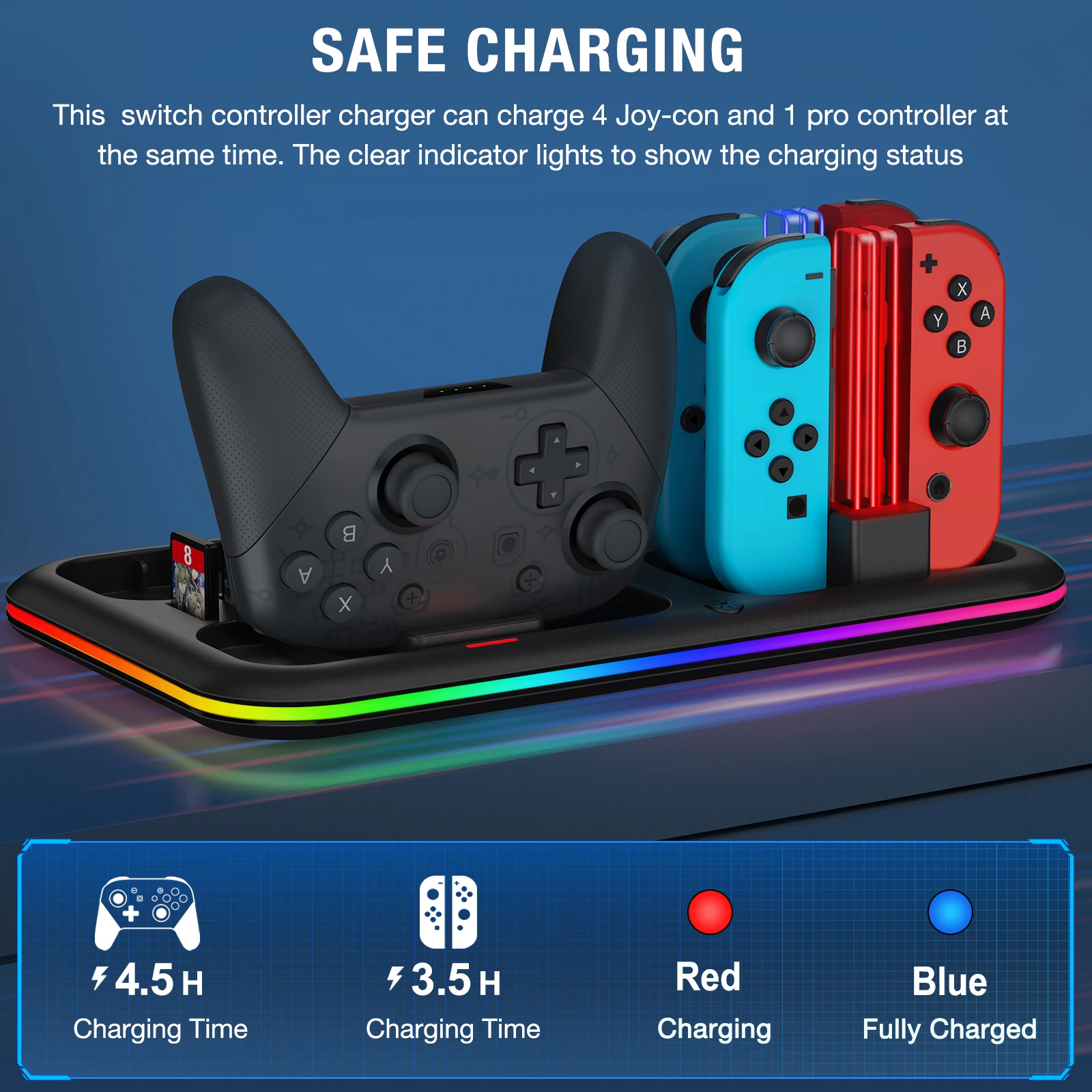BEBONCOOL SC100 RGB 충전 도킹 스테이션 Nintendo 스위치/스위치 OLED Joycon/Pro 컨트롤러 충전기 게임 카드 보관