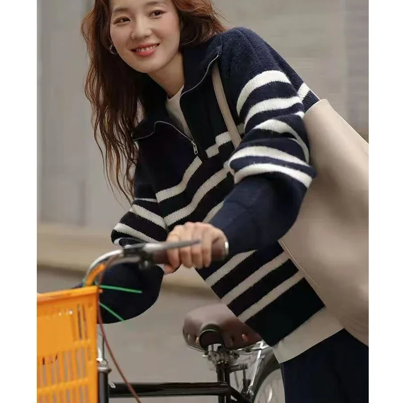 Autumn and Winter New Lapel Zipper Semi-open Placket Women's Long-sleeved Sweater Fashion Loose Casual Striped Knitwear Top