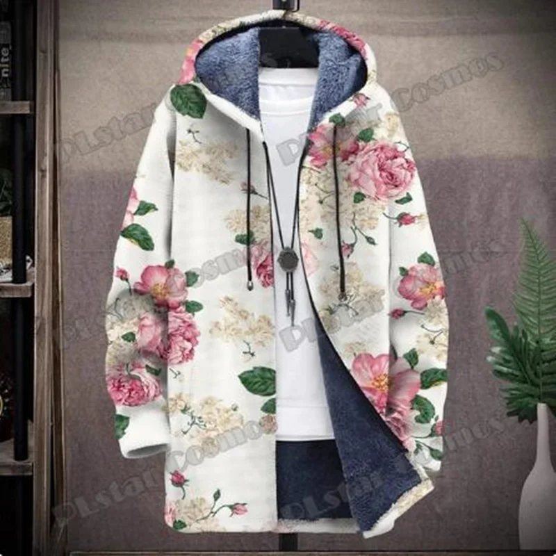 

New Fashion men's winter hooded jacket Flower pattern 3D printed hooded zipper jacket Casual thick warm hooded jacket
