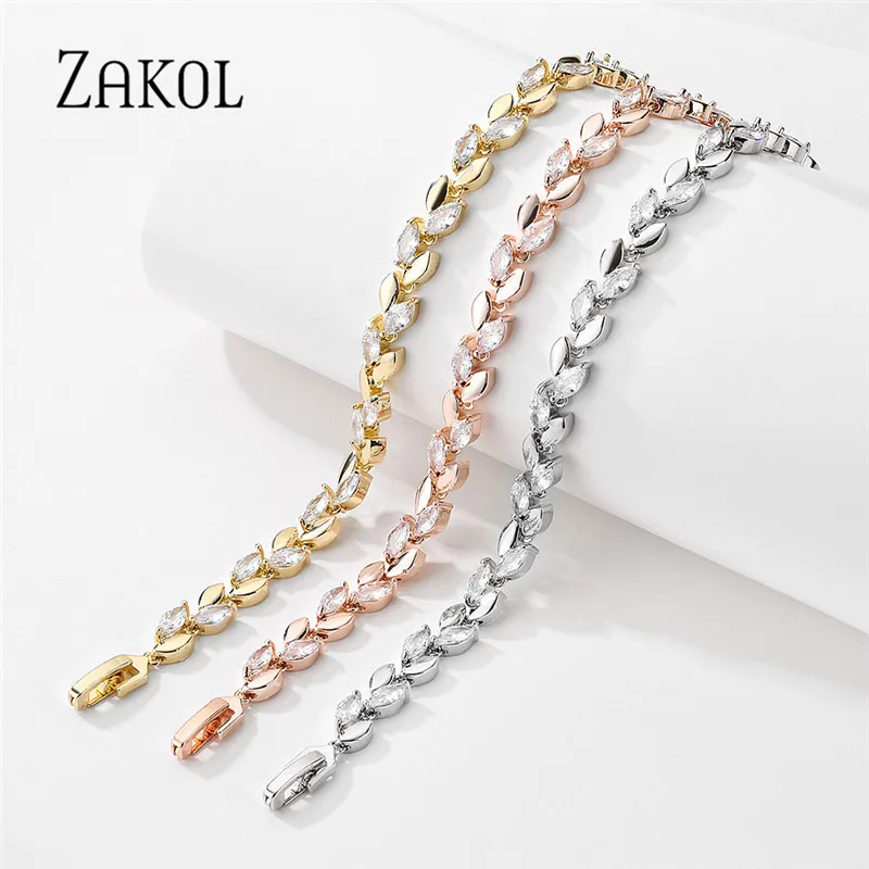 ZAKOL Trendy Charm Marquise Cut Cubic Zirconia Bracelets For Women CZ Leaf Bridal Wedding Party Jewelry Gift BP2252 4