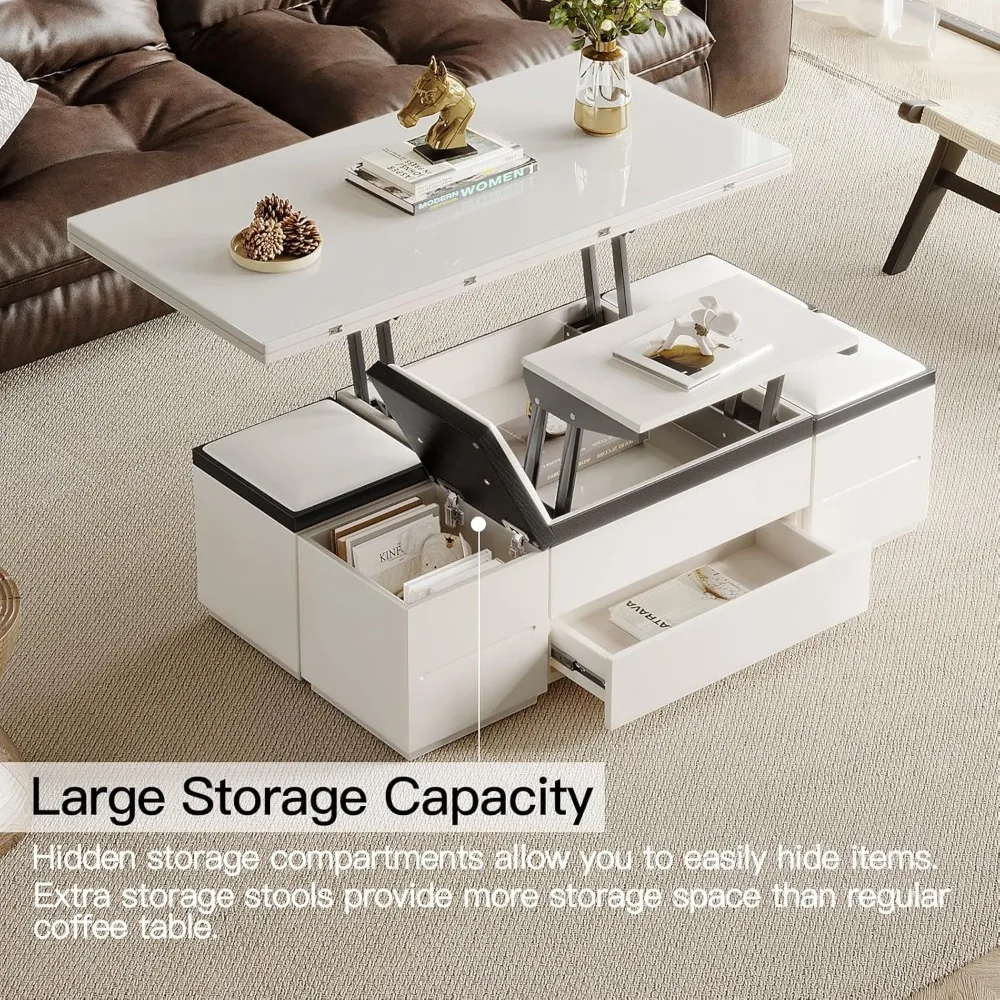 White Lift Coffee Table with 4 Chairs, 47 Inch Modern Coffee Table, Lift Coffee Table with Wheels and Drawers 4