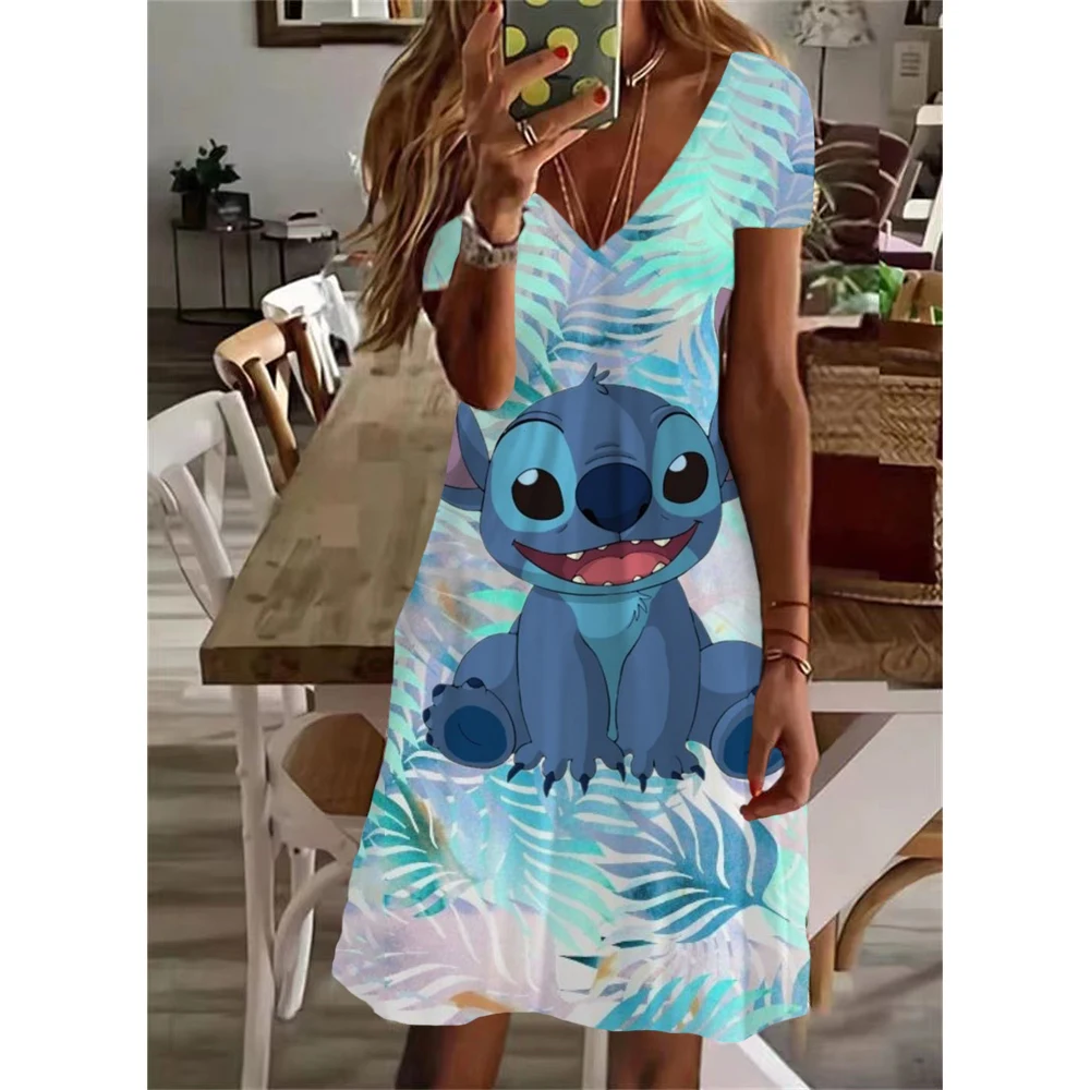 thumbnail image 1 of Vestido elegante informal con cuello en V y largo hasta la rodilla con estampado de Lilo y Stitch de Disney para mujer de verano Y2K 2024, 1 of 5
