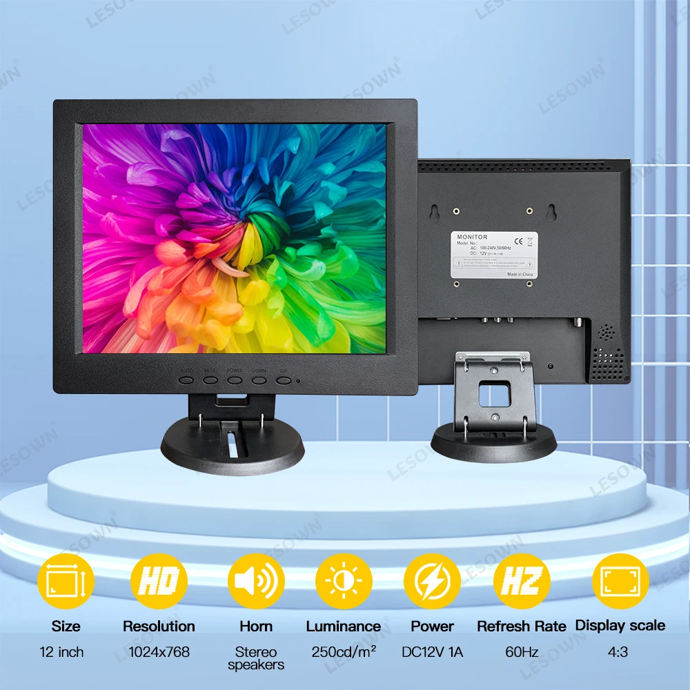 LESOWN IPS 산업용 디스플레이, 12 인치 LCD 스크린, VGA HDMI AV 입력 4:3, VESA 필드 비디오 보조 모니터, DSLR 카메라용, 1366x768