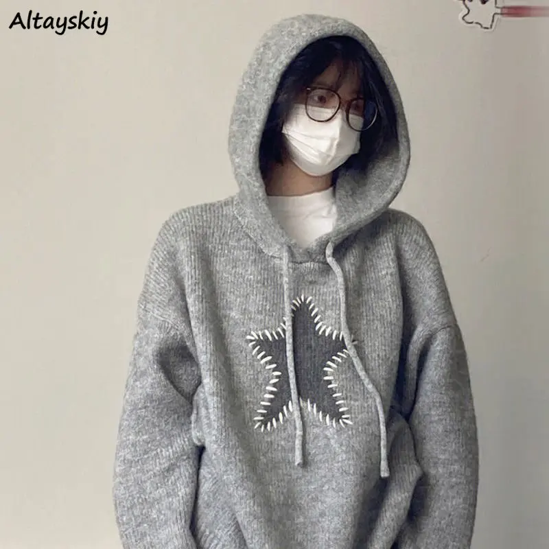 

Basic Hooded Knitted Pullovers Women Loose BF Streetwear Students Leisure All-match Star Printed Designed Simple Sweaters Trendy