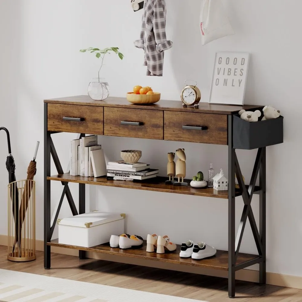 47" Console Table with 3 Drawers, Industrial Entryway Table with 3 Tier Storage Shelves 3