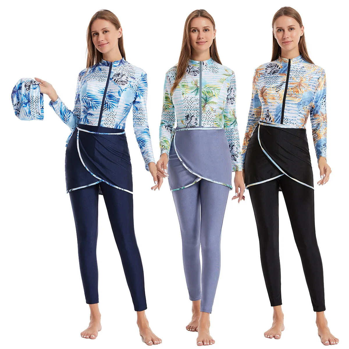 

Arab Full Cover Islamic Beach Suits Muslim Lady Three-piece Modest Long Sleeves Printing Burkinis Swimsuit For Women Swimwear